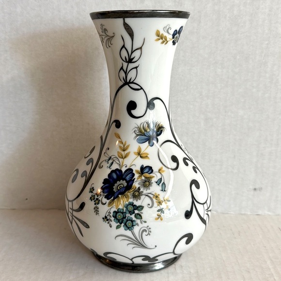 Vintage Bohemian Patent- Porcelain floral vase with silver overlay 9”x 6”